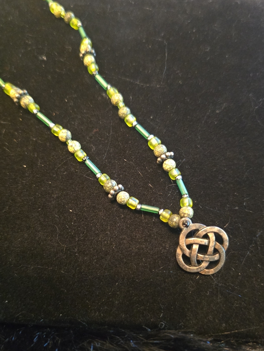 Green Beaded Necklace with Celtic Knot Pendant